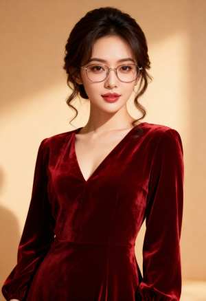 柔らかいベージュの背景に、赤いベルベットのドレスを着て眼鏡をかけ、自信を持ってポーズ...。
