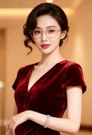 半袖と V ネックの豪華なワインレッドのベルベットのドレスを着た、自信に満ちた表情の...。