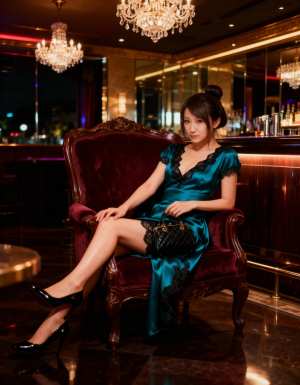 豪華な雰囲気の中で、黒のレースのトリムが付いたティールのサテンのドレスを着てバーガン...。