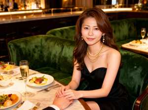 高級レストランのテーブルに座り、黒いストラップレスのドレスと真珠のネックレスを身に着...。