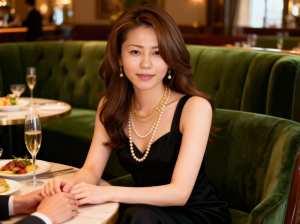 高級レストランのテーブルに座り、黒いドレスとパールのジュエリーを身に着けた女性をポー...。