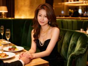 高級レストランのテーブルに座り、黒いストラップレスのドレスと真珠のネックレスを身に着...。