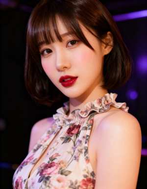 花柄のドレスを着た、ショートボブのヘアカットを持つ若い女性の写実的なポートレート。