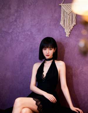 レースのディテールが施された黒いドレスを着て、紫の壁に向かって座っている若い女性を横...。