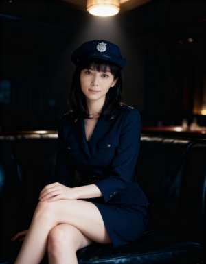 薄暗い部屋で黒い革張りのソファに座る警察官の制服を着た若い女性を、ポートレート アン...。