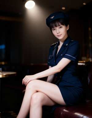 薄暗い部屋で革張りのソファに座る客室乗務員の制服を着た若い女性を横から撮影した写実的な写真。