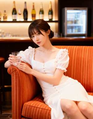 カフェの縞模様のソファに座って水の入ったグラスを持っている若い女性を横から撮った写実...。