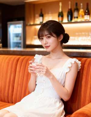 居心地の良いバーの雰囲気の中で、水の入ったグラスを持ってソファに座っている若い女性を...。