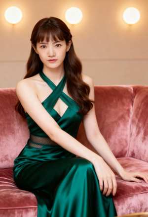 豪華な雰囲気の中でピンクのベルベットのソファに座り、大きく開いたネックラインと網タイ...。