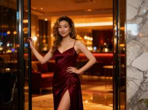 夜の豪華なホテルのロビーのガラス扉の前に立つ女性を横から撮ったフォトリアルな撮影。