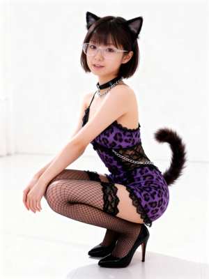 猫の格好をした若い女性がふざけてポーズをとっている様子を横から撮った写実的な写真。