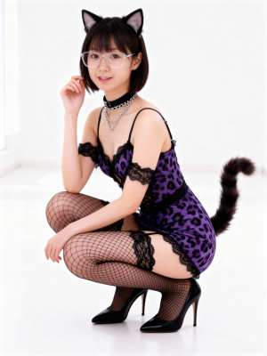 猫の格好をした若い女性がふざけてポーズをとる、正面カメラのアングルからの写実的な撮影。