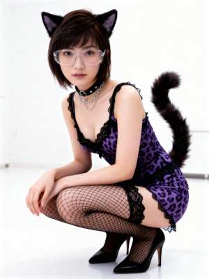 猫のキャラクターに扮した若い女性が、紫色のヒョウ柄のドレスと黒の網タイツを着て、画像...。