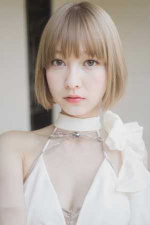 短いボブのヘアカットと茶色の目をした若いアジア人女性の接写。