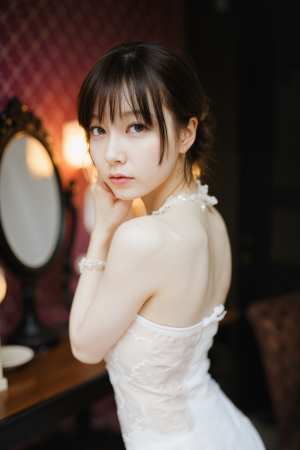 白いウェディング ドレスを着て鏡の前でポーズをとる若い女性を横顔カメラのアングルから...。