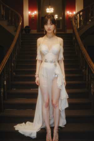 大階段に立つ白いウェディング ドレスを着た女性を正面カメラ アングルから写実的に撮影...。