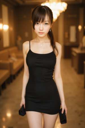 シャンデリアを背景に、薄暗い廊下に黒いドレスを着て自信を持って立っている若い女性を、...。