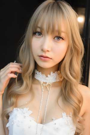 クローズアップカメラの角度から撮影された、長くウェーブのかかったブロンドの髪と印象的...。