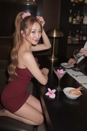 タイトな赤いドレスを着て、髪にピンクの花を飾り、バーに座っている若い女性を横から撮っ...。