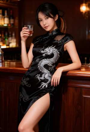 薄暗いバーの雰囲気の中で、伝統的なチャイナドレスを着てウイスキーのグラスを持っている...。