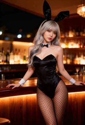 薄暗いバーのバーカウンターで、バニーの衣装を着た若い女性が自信満々にポーズをとってい...。