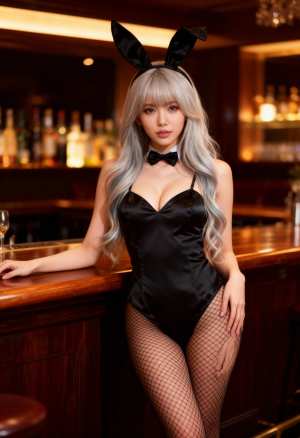 バニーの衣装を着てバーでポーズをとる若い女性を横から撮影した写実的な写真。