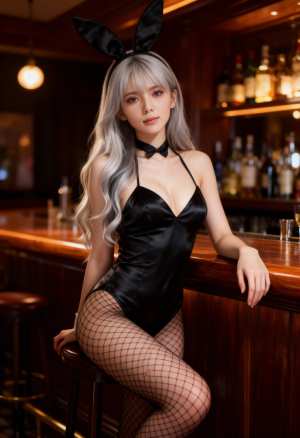 黒いバニーの衣装を着てバーに座り、自信を持ってポーズをとる若い女性を横から撮った写実...。