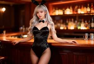 薄暗いバーのバーカウンターでポーズをとる、バニーの衣装を着た若い女性を横から撮ったフ...。