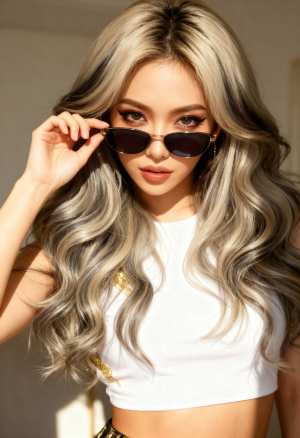 サングラスとトリミングされた白いトップを着た、ウェーブのかかった銀髪の若い女性をポー...。