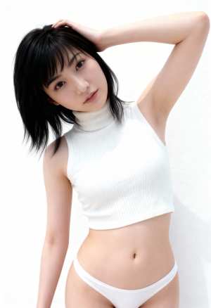 クロップド丈の白いリブタートルネックのトップスと白いパンティーを着て、真っ白な壁に向...。