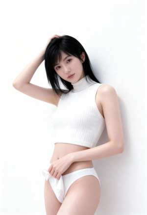白いリブ付きのクロップトップとそれに合ったパンティーを着て、無地の白い壁に向かって自...。