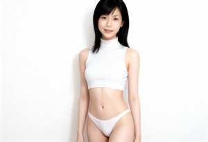 真っ白な背景に自信を持ってポーズをとるアジア系の若い女性を、正面カメラのアングルから...。