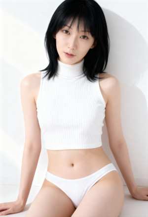白いリブ編みのクロップトップとそれに合ったパンティーを着て、無地の白い壁にリラックス...。