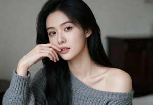 長くストレートな黒髪の若い女性が、グレーのオフショルダーセーターを着て、手にあごを乗...。