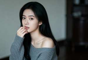 長い黒髪の若い女性の写実的なポートレート。