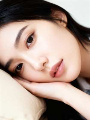 白い肌と濃い茶色の目をした若い女性が、カメラを直接見つめながら手にあごを乗せているク...。