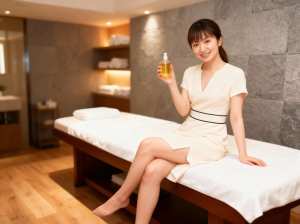 スパのマッサージ テーブルに座り、エッセンシャル オイルのボトルを持った若い女性。