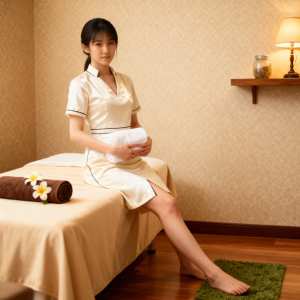 スパのマッサージ テーブルに座り、半袖で黒いトリムが付いた白いドレスを着て、白いタオ...。