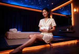 スパのような環境でベッドに座り、白いローブを着て白いタオルを持っている若い女性を横か...。