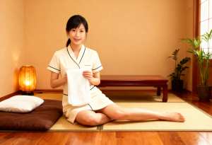 スパのような環境でマットに座り、手に白いタオルを持った写実的な日本人女性。