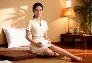 スパのような環境でベッドに座り、白いタオルの束を持っている若い女性を正面カメラのアン...。