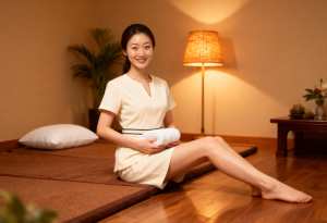 温泉室の畳に座る若い女性。