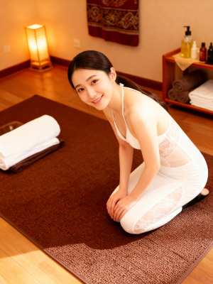 スパのような環境で茶色の敷物の上にひざまずいて、薄手の白いドレスを着ている若い女性を...。