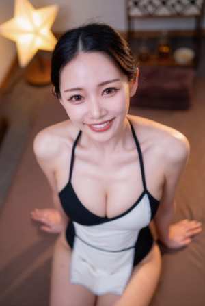 床に座ってカメラに向かって微笑む若い女性を空撮したフォトリアルな撮影。