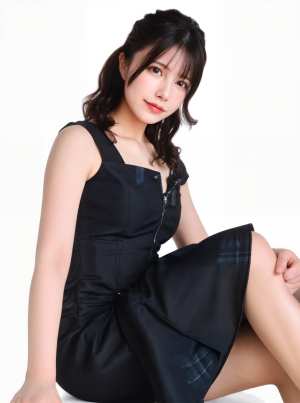 前にジッパーが付いた黒いドレスと格子縞のスカートを着て、白い表面に座っている若い女性...。