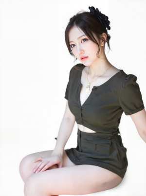 クロップドダークグリーンのトップスとそれに合ったスカートを着て、瞑想的なポーズで座っ...。