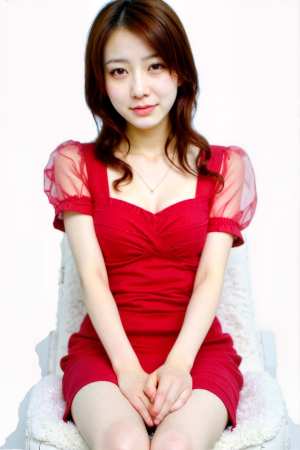 白い背景に白い椅子に座る、長くウェーブのかかった茶色の髪を持つ若い女性の写実的なポー...。