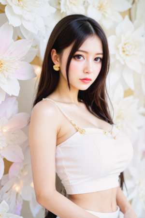 白とピンクの花を背景にポーズをとる若い女性をポートレートアングルから撮影した写実的な...。