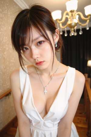 シャンデリアを背景にした薄暗い部屋で、十字のネックレスをつけた白いドレスを着てポート...。