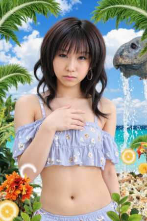 花と緑に囲まれたトロピカルな環境でポーズをとる若いアジア人女性を正面カメラのアングル...。